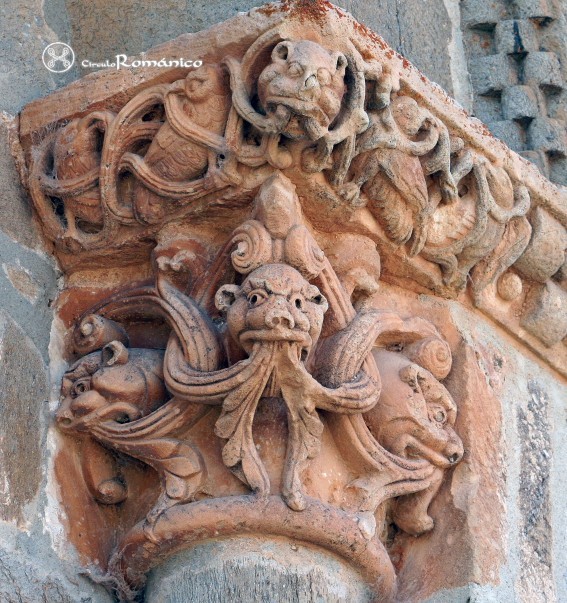 Santa Marta de Tera. Sta Marta. Capitel del abside con animales vomitando tallos