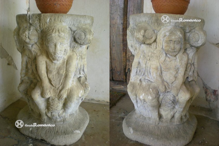 Monforte de Lemos. Fiolleda -Casa do Sacristan-. Capiteles: Adán y Eva